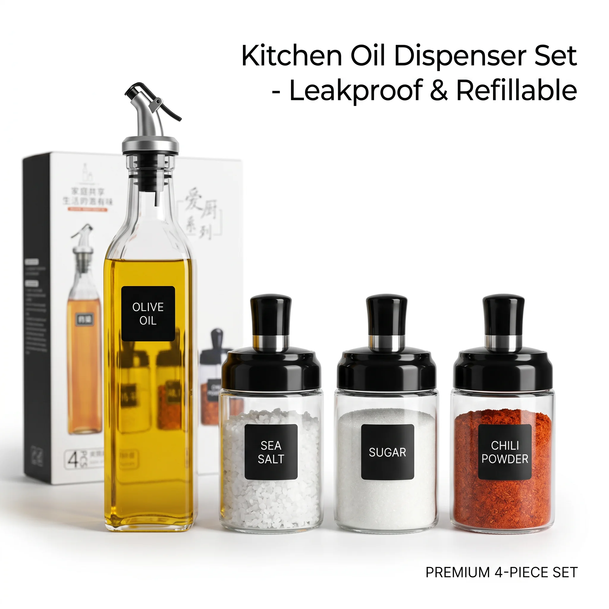 

4-Piece set, glass oil bottle set, kitchen seasoning jar set, leak-proof,edible oil, vinegar,salt and sugar container with label