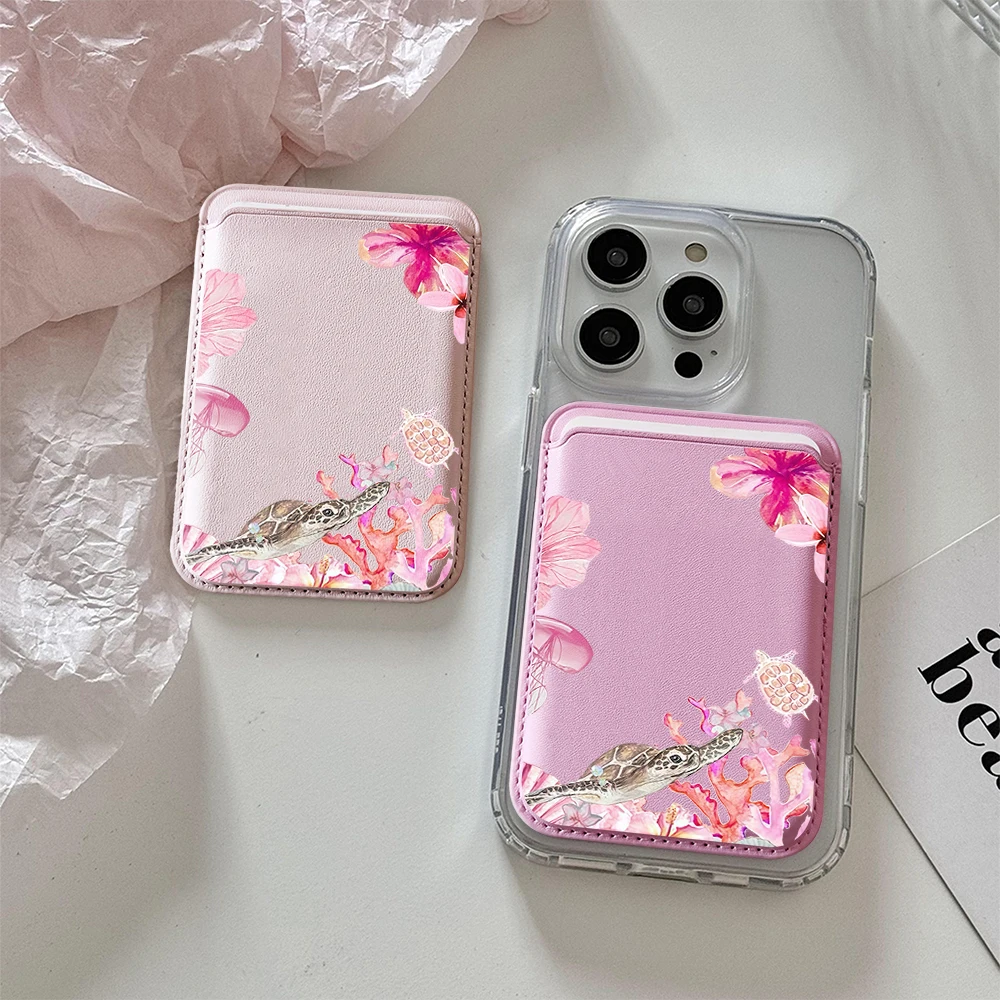 

Coastal Sea Turtles Leather Card Wallet Cover Phone Card Holder Case Suitable For all iPhone For Magsafe Card Phone INS Back Bag