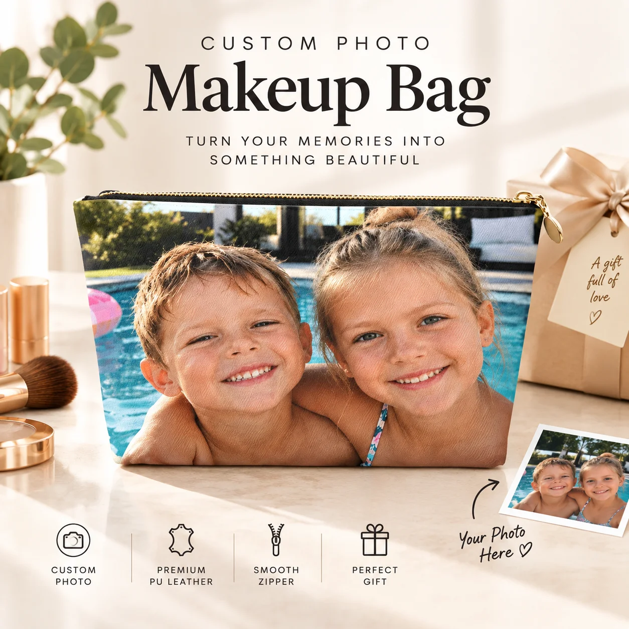 Custom Photo Makeup Bag Personalized Leather Cosmetic Pouch Personalized Gift for Women Birthday Family Memorial Keepsake