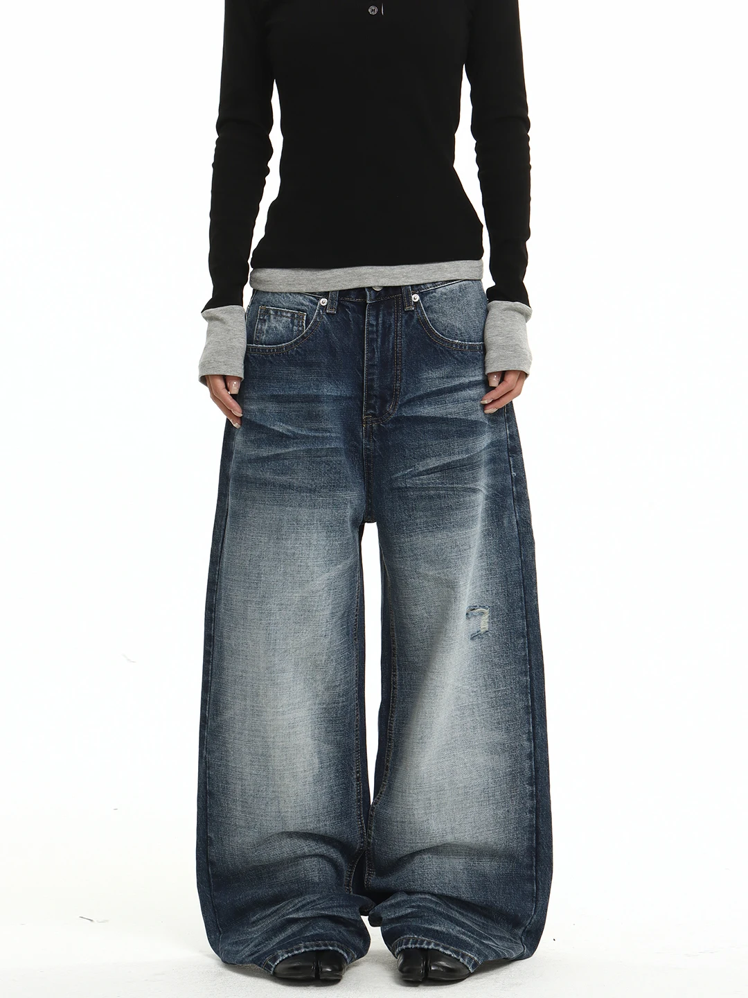 Ganyoou Jeans Americano Retrô Lavado Rasgado de Perna Larga Unissex para Homens e Mulheres, Calça Longa Reta Solta de Rua em ...