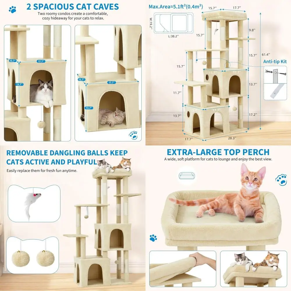 

Sturdy Multi-Level Cat Tower for Large Breeds: Big Perch, 2 Rooms, Durable Scratching, Play Toys