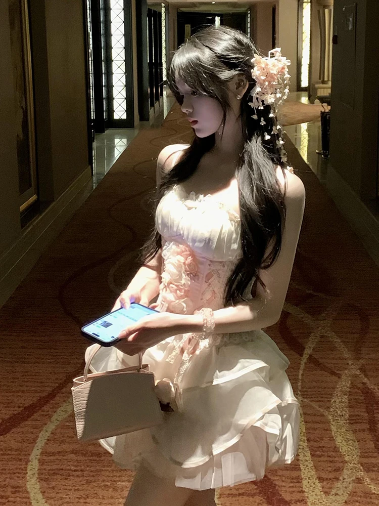 ReddaChic Lolita Flower Applique Top Mini Skirt Women Set Lace Trim Cami Layered Ruffle Elastic Waist Mini Skirt Lolita Costumes