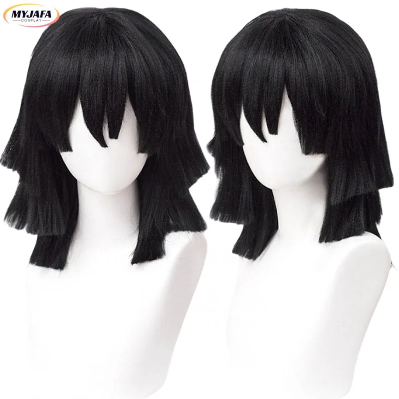 Perruque de Cosplay Obanai Igflats de Haute Qualité, Cheveux Courts Noirs de Style Anime avec Bonnet