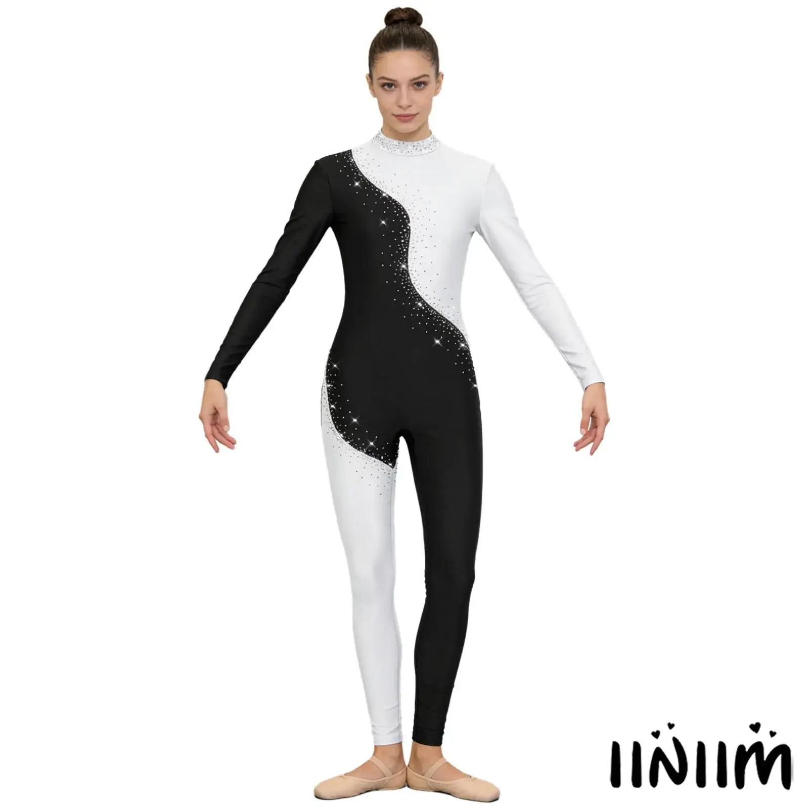 

Womens Gymnastics Lyrical Dance Jumpsuit Rhinestones Long Sleeve Long Pants Zipper Full-body Bodysuit Ballet Dance Clothes
