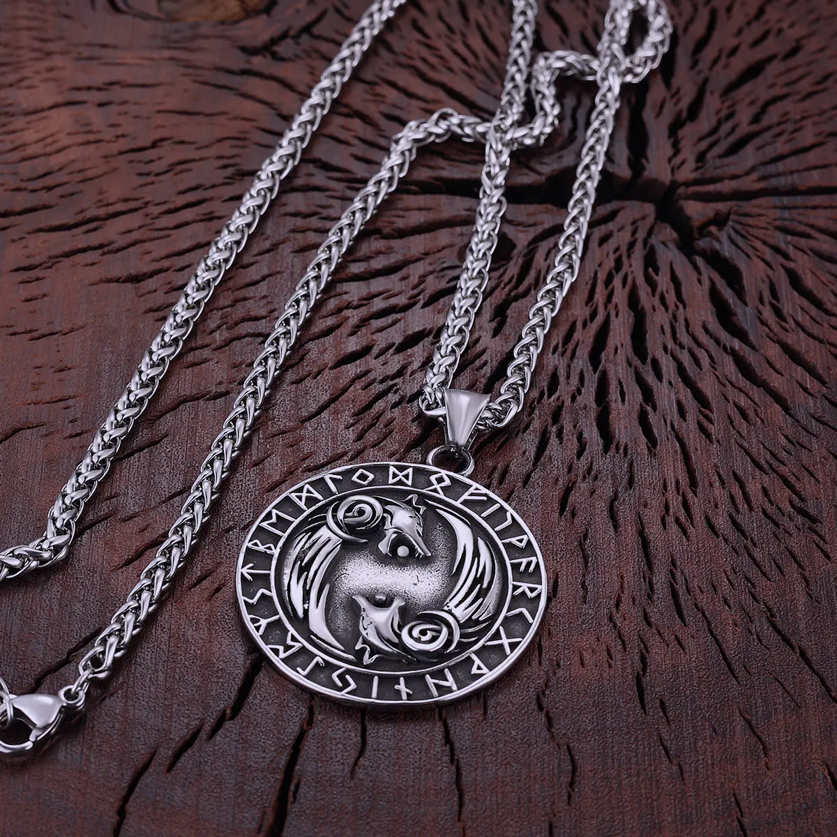 Vikings Stainless Steel Twin Wolves Mixed Gold Color Pendant Nordic Helmet of Awe Rune Amulet Necklace Gift for Boyfriend