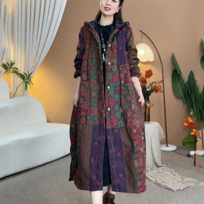 Retro Ladies Hooded Linen Cotton Parkas Jacket Autumn Winter Female Long Sleeves Puffer Coat 2025 Women Print Cotton Padded Tops