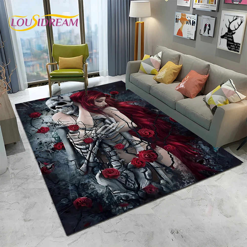 Horror Gothic Female Skull Dead Girl Carpet Rug for Home Living Room Bedroom Sofa Doormat Decor,kid  Area Rug Non-slip Floor Mat