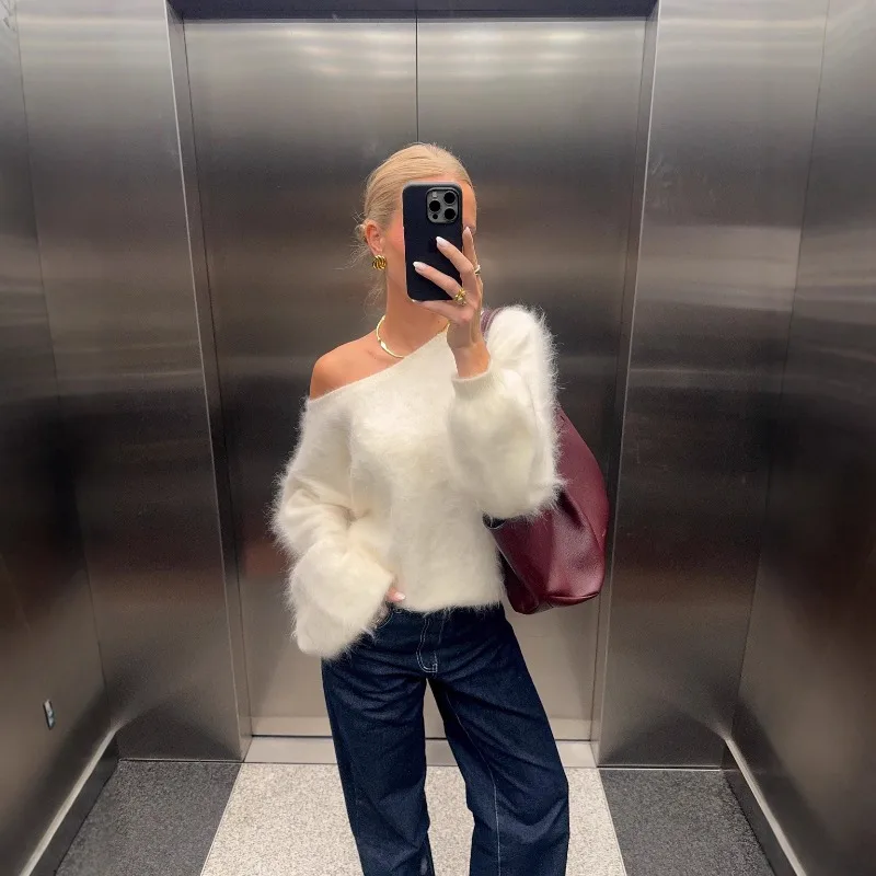 2025 jersey liso con hombros descubiertos para mujer, suéter de punto suelto clásico de manga larga a la moda, suéteres de otoño de calle alta para uso diario para mujer