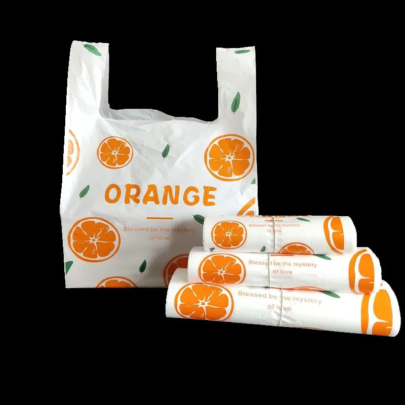 50Pcs Fruit Plastic Bags Orange Lemon Food Carry Out Bag With Handle Supermarket Vest Tote Bag Drink Grocery Storage Packaging