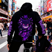 Black Cotton Pokemon Hoodie with Gengar Character Back Print and Purple Ghost Design Long Sleeve Anime Sweatshirt for Men Women