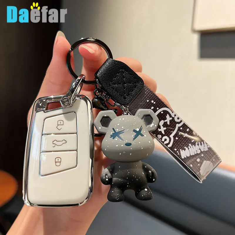 TPU Car Key Case Cover Bag Shell Fob For VW Volkseagen Passat B8 Magotan For Skoda Superb A7 Kodiaq Seat Bear Keychain