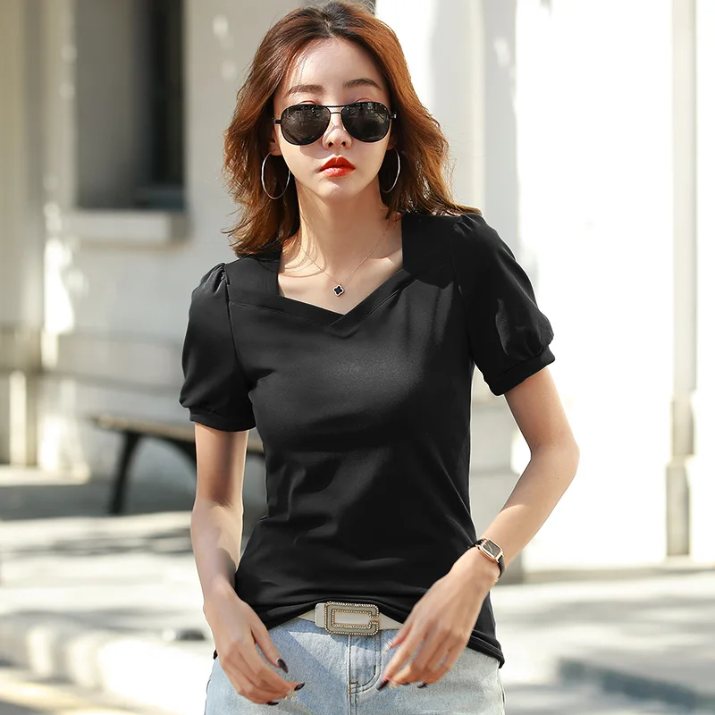 

Shintimes Vintage Square Collar Puff Sleeve Women T Shirt Cotton Top Mujer Short Sleeve Tees Korean Fashion Clothing Summer 2022