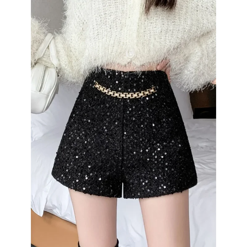 화이트 루즈 쇼츠 가을 겨울 여성용 스트레이트 팬츠 신상 스팽글 하이웨이스트 패션 부츠 팬츠