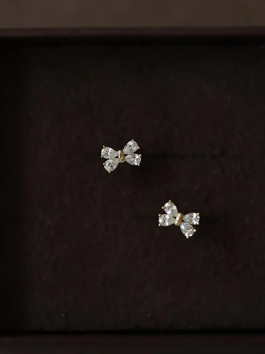 925 Silver Needle Mini Cute Sweet Four Shiny Zircon Bow Stud Earrings for Women Girl Children Jewelry Wholesale