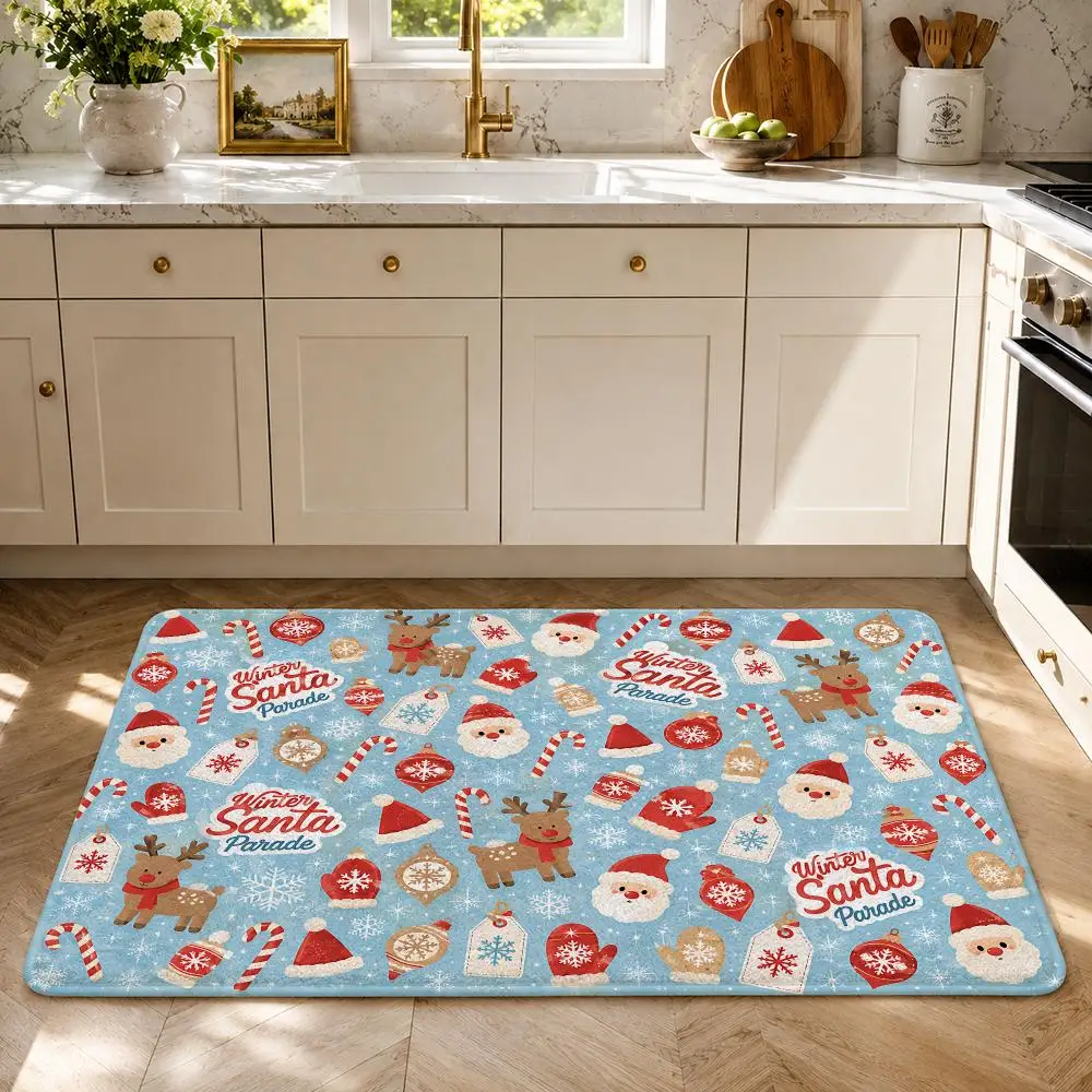 Santa Claus Reindeer Hat Candy Floor Mat Flannel Rug Soft Non Slip Washable Door Mat For Bathroom Bedroom Kitchen Home Decor