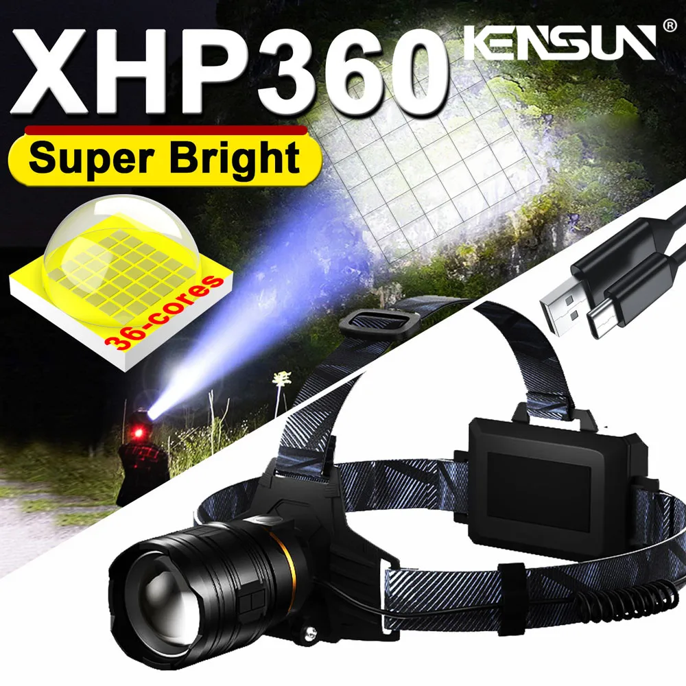 

Супер яркий светодиодный налобный фонарь XHP360, перезаряжаемый через USB, мощный фонарь с зумом, водонепроницаемая лампа для кемпинга, рыбалки