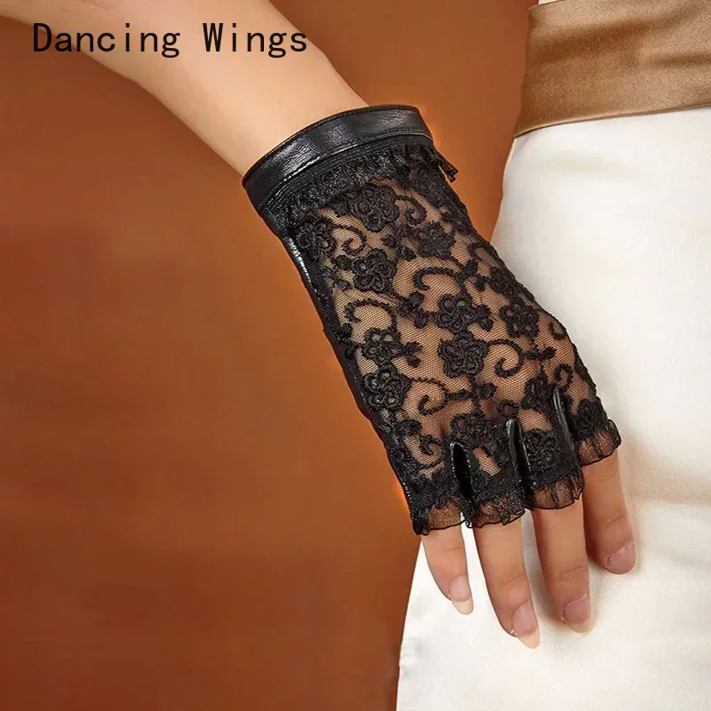 

Hot Sale Medival Lolita Women Lace Genuine Leather Gloves Unlined Nappa Lambskin Wrist Sunscreen Gloves