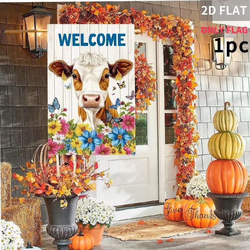 2D FLAT 1pc Double-Sided Garden flag Cow Face With Flowers And Butterflies 28x40 Inch Polyester(Pole