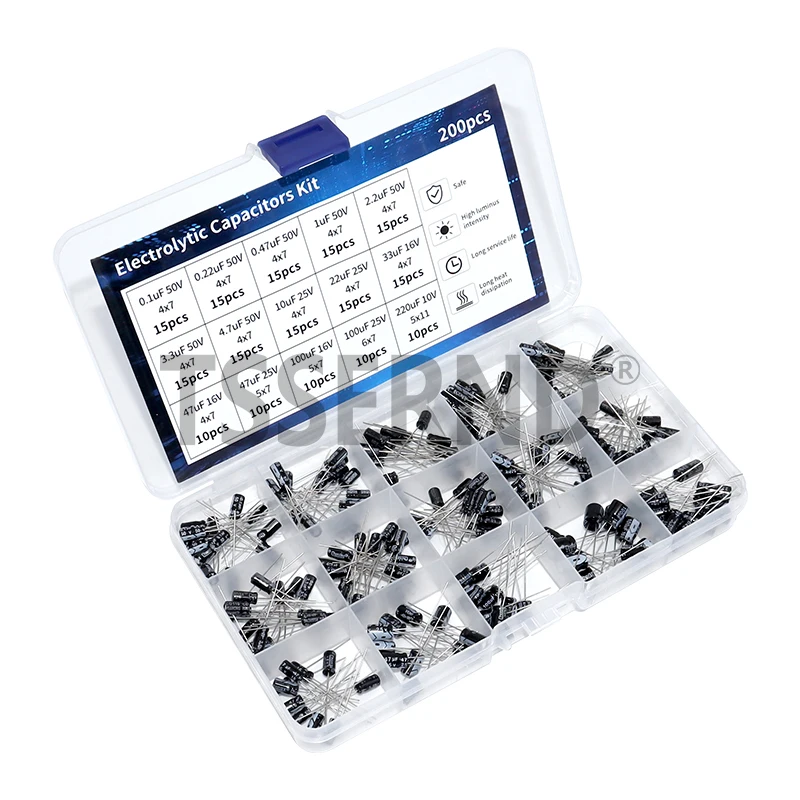 200pcs  0.1UF - 220UF Electrolytic Capacitor Assorted Kit 15Values 10V 16V 25V 50V 100UF 47UF 22UF 10UF Aluminum Capacitance Box