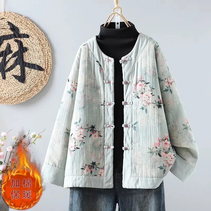 2025 Spring And Autumn Women's Chinese Style Retro Printed Jacket Short Coton Padded Quilted Coat Casual Loose Floral Top A532