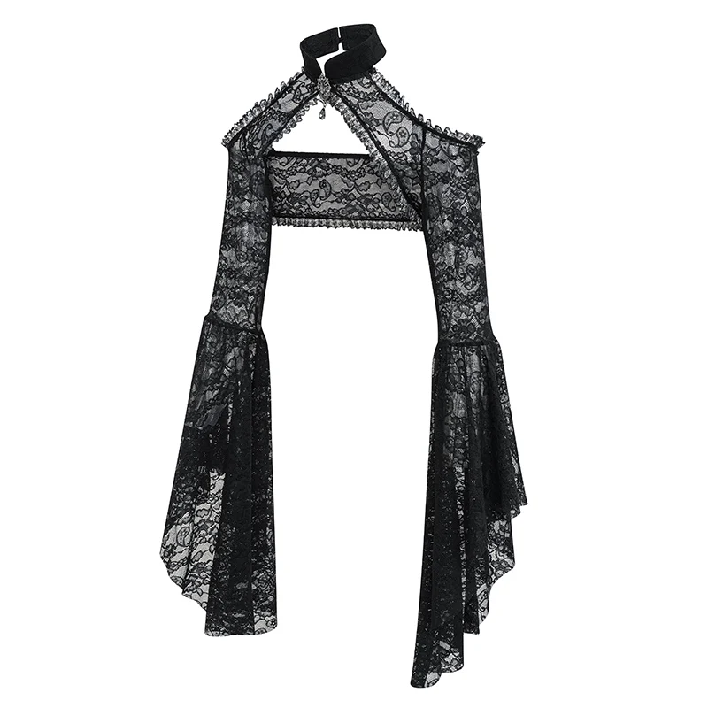 Chaqueta de manga acampanada con cuello Halter de encaje Floral transparente negra para mujer, abrigo gótico victoriano Steampunk, Top oscuro, ropa Sexy y2k