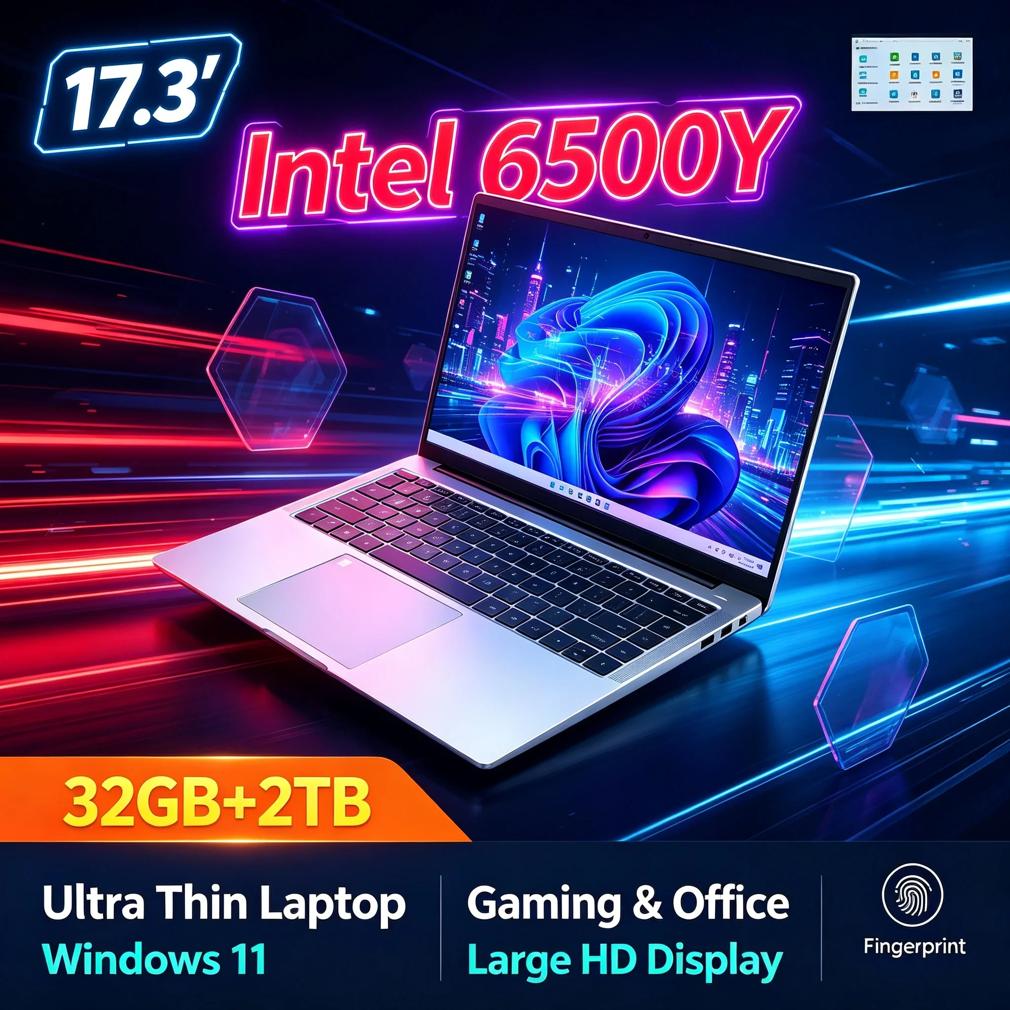 17.3'' Big HD Screen Laptop Intel 6500Y 32GB RAM 1TB 2TB SSD Win11 WiFi6 BT5.2 Portable Notebook for Office Daily Working Study