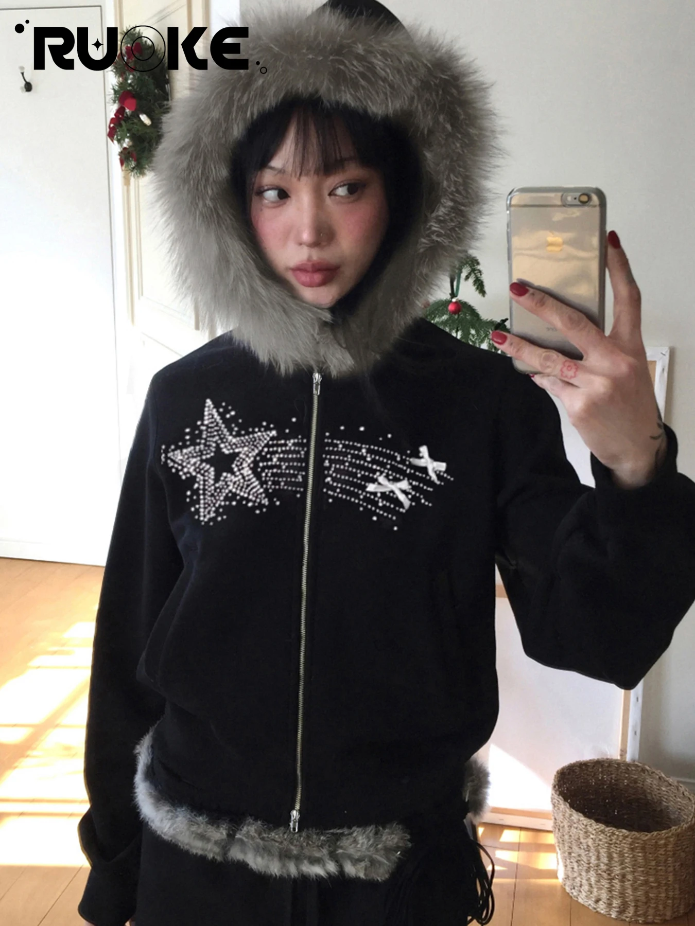 

Star Rhinestone Fur Collar Hooded Coats Y2K Retro Zipper Hoodies For Girls Streetwear Vintage Harajuku Jackets Fall Winter Coats