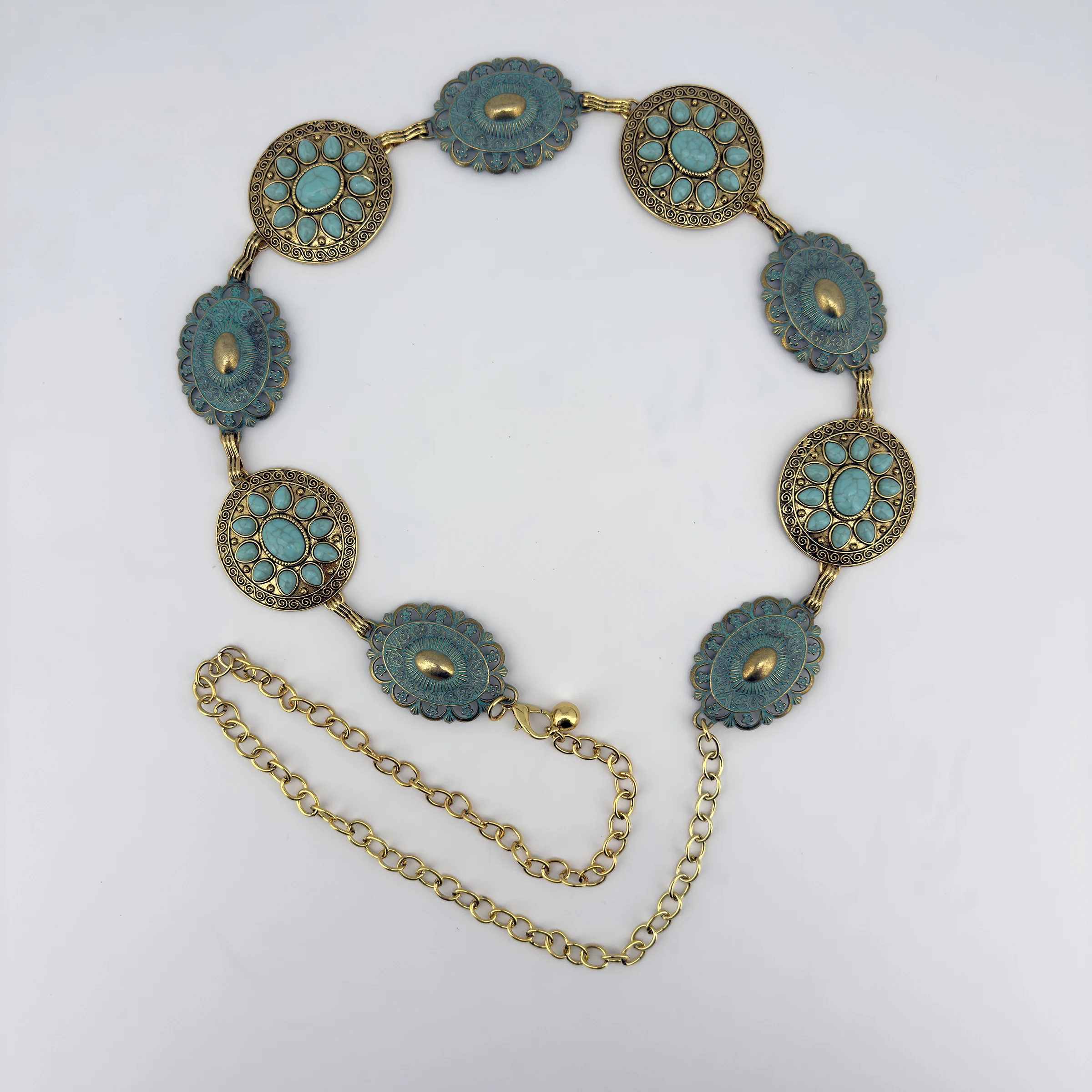 سلسلة خصر فيروزية للمجوهرات عبر الحدود للنساء؛ حزام عتيق من سبائك الزنك على الطراز البوهيمي العصري؛ متعدد الاستخدامات وأنيق