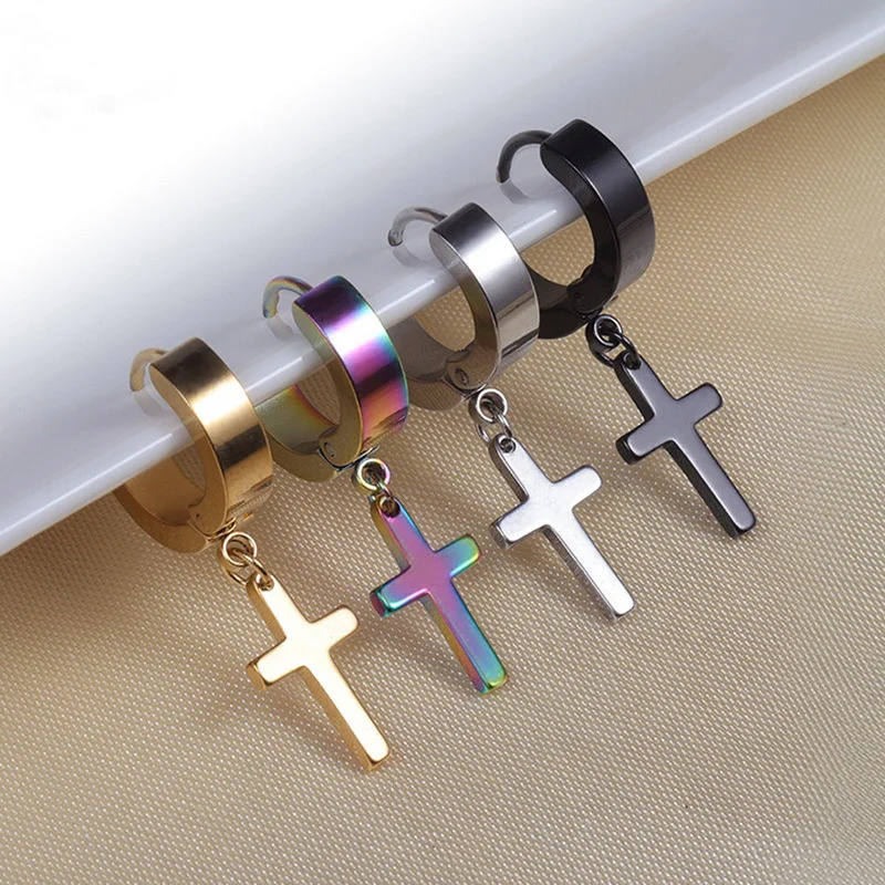 1 Pairs of Cross Earrings Dangle Hinged Men Earrings Stainless Steel Cross hoop Earrings for Men and Women