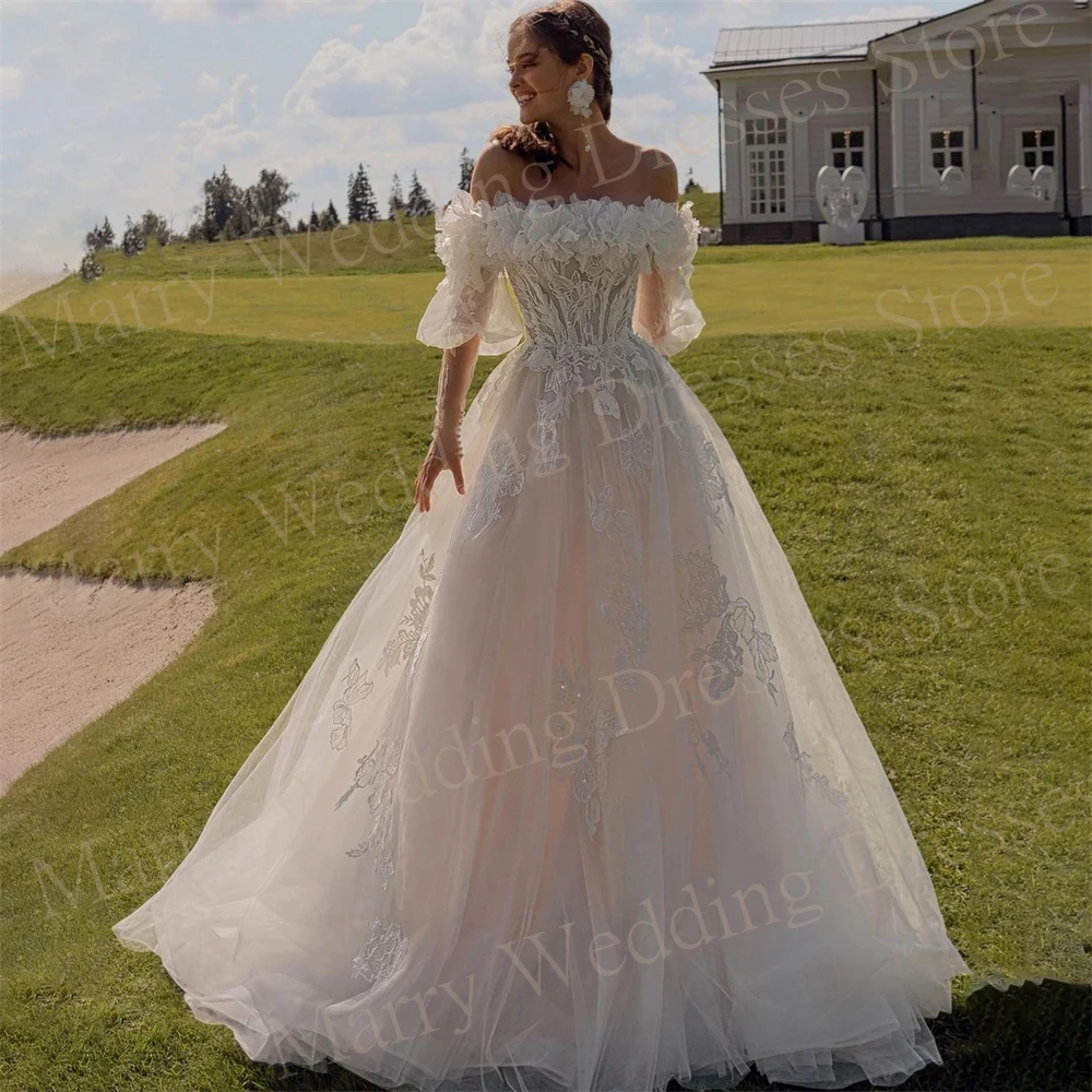 

Boho Vintage Elegant A Line Women's Wedding Dresses Exquisite Lace Appliques Bride Gowns Modern Off The Shoulder Robe De Mariée