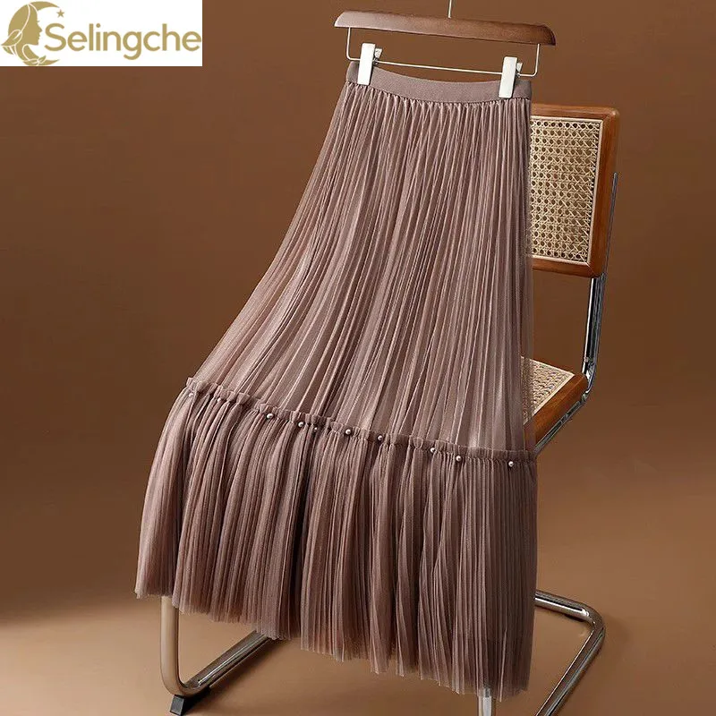 Temperament Splicing Mesh A-line Skirt for Women in Early Spring 2024 New High Waisted Large Hem Pleated Skirt