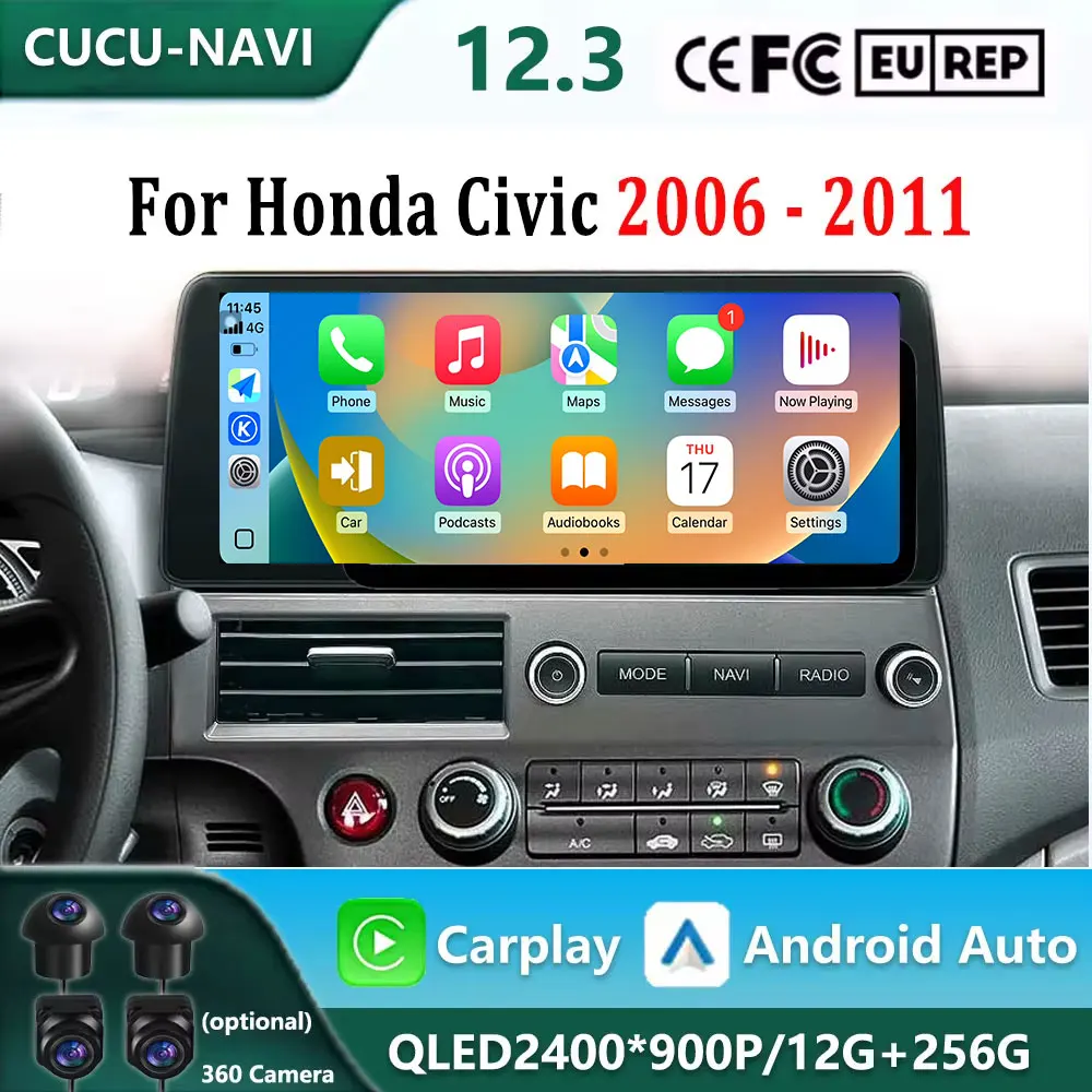 12.3 inch Navigation GPS 4G Carplay WIreless  for Honda Civic 2006 - 2011 QLED Screen Android 16 Car Video Multimedia Player BT