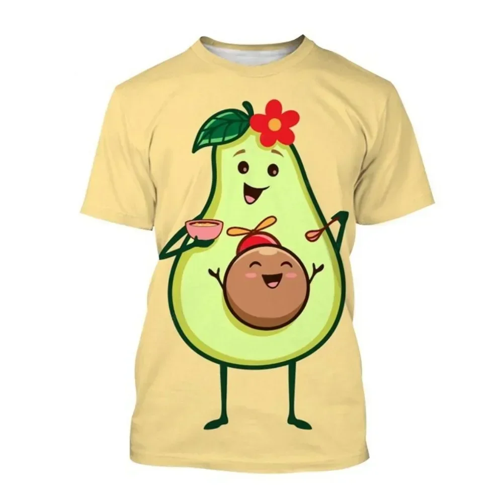 2024 New Fashion Avocado Cartoon 3D Printed T-shirt Men's and Women's Summer Casual Short Sleeve Personality Fruit Top