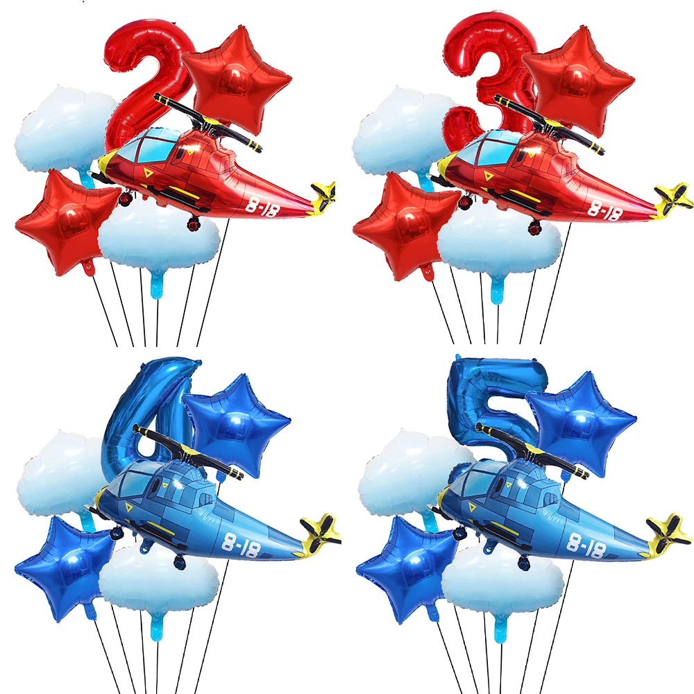 6 stücke Flugzeug Folie Ballon Set Rot Blau Stern Flugzeug 0-9 Anzahl Ballon Junge Geburtstag Baby Shower Party hubschrauber Ballon Dekor – Detail 1