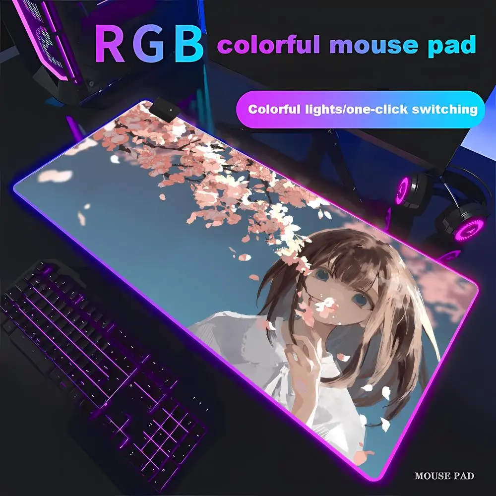 

Sakura Girl cartoon Mouse Pad Animation Games Beautiful RGB Gaming Mouse Pad HD Gamer Large LED Light PC Computer pad Non-slip