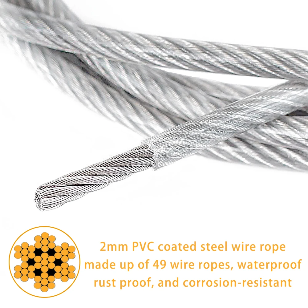 45PCS/Set PVC Coated Flexible Steel Wire Rope Transparent Stainless Steel Clothesline Safety Guardrail Rope 2mm Kit