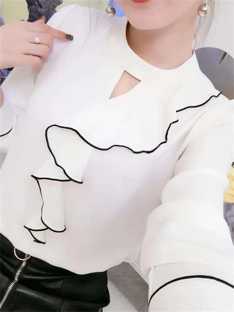 Women Spring Summer Style Chiffon Blouses Shirts Lady Casual Long Sleeve Ruffles Decor Stand Collar Chiffon Blusas Tops