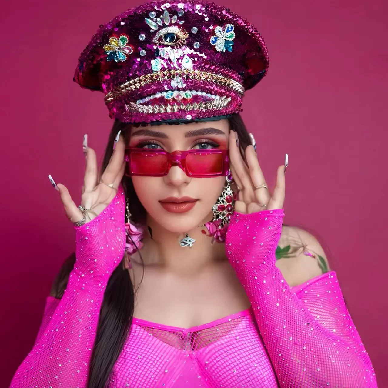 HongLuan Yellow Laser Leather Loop Captain Hat Rhinestone & Military Caps for Woman, Rave Festivals Accessories ＆ Party Cap Man