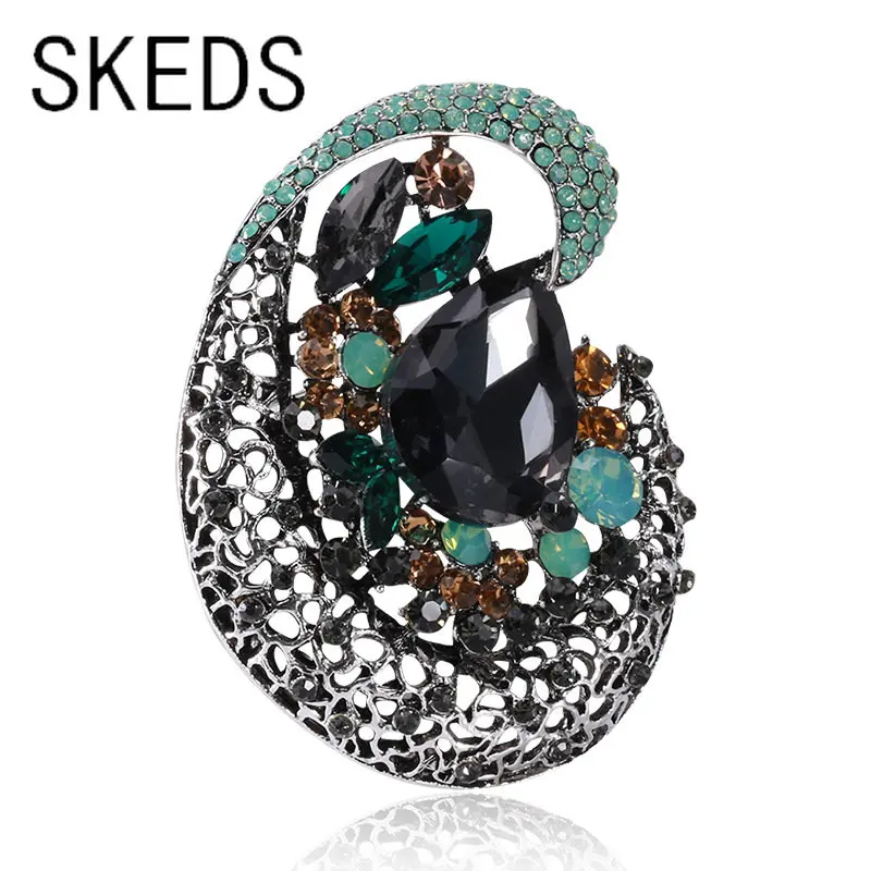 

SKEDS Luxury Women Classic Rhinestone Round Pins Brooches Vintage High Quality Full Crystal Corsage Party Wedding Accessories