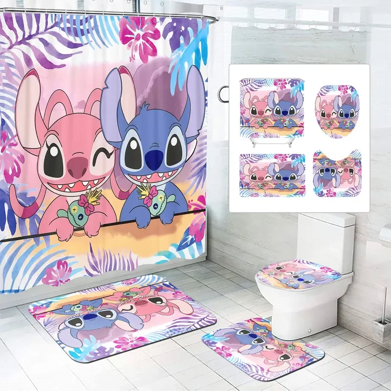 Disney Stitch shower bath mats, kawaii bathroom, cartoon, great gift for kids, cute polyester curtain, full luxury set, 4 PCs