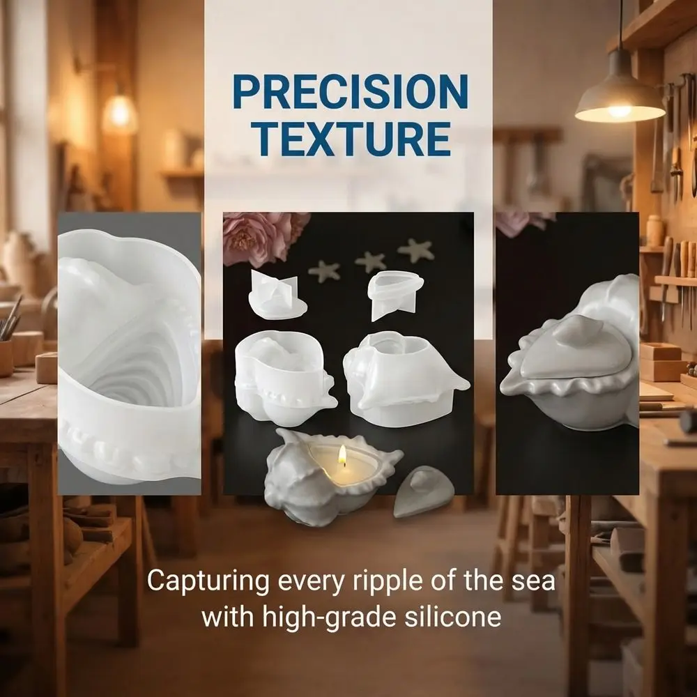 Creative Silicone Conch Shaped Mold Handmade with Lid Storage Box Mold Heat Resistant Non-Stick Candle Cup Mold Decorative Gifts