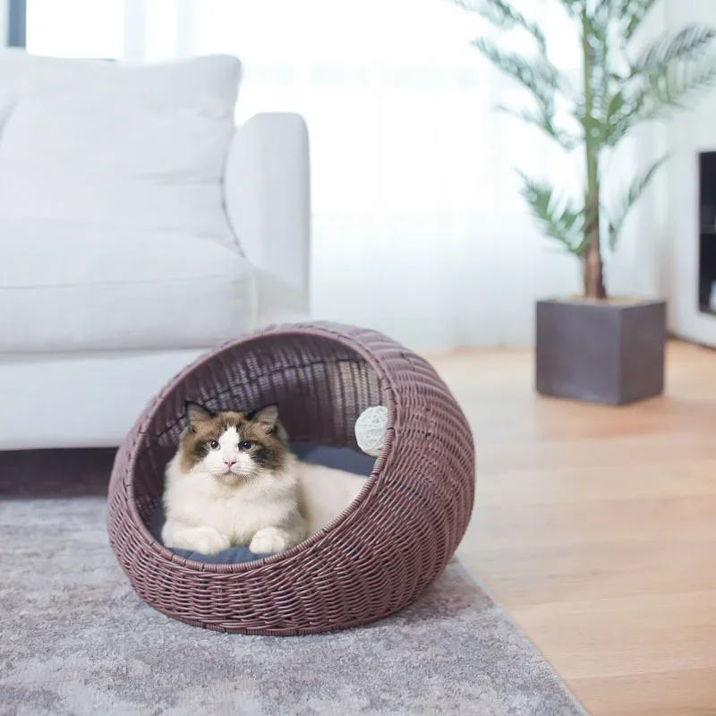 Hand Woven Rattan Cat Cage Removable Washable Pet Nest Hammock Autumn Winter Thermal Pad Kennel for Indoor Cats Comfortable
