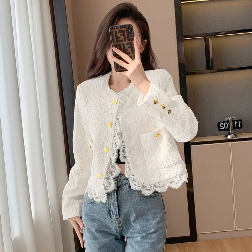 Elegant Lace Patchwork Jacket Womens Single Breasted Coats Lady France Retro Chic Outerwear Streetwear Casual Fashion Clothing