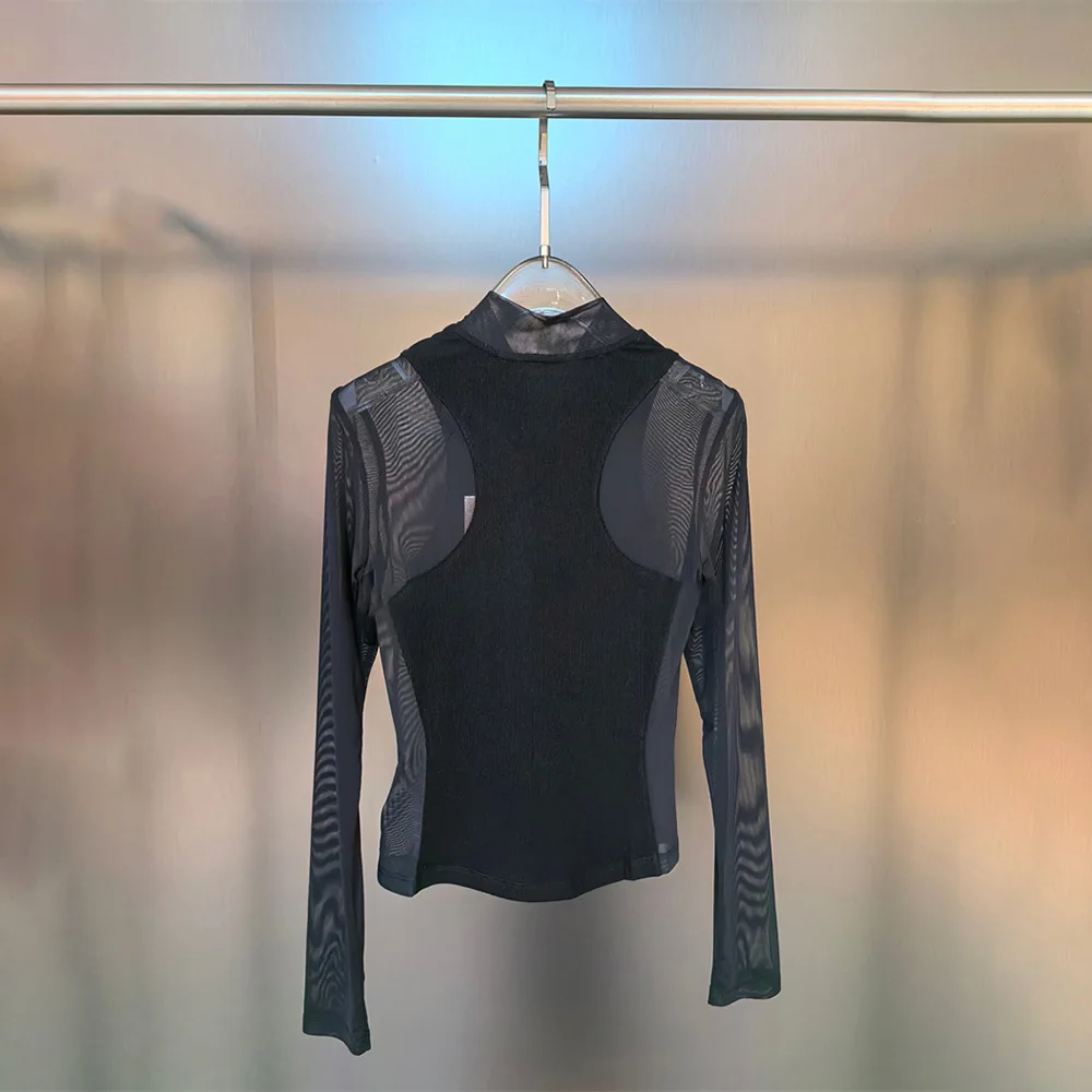 2025 Autumn New Black Mesh Long Sleeve Knitted Tshirt Slim Fit Women Top