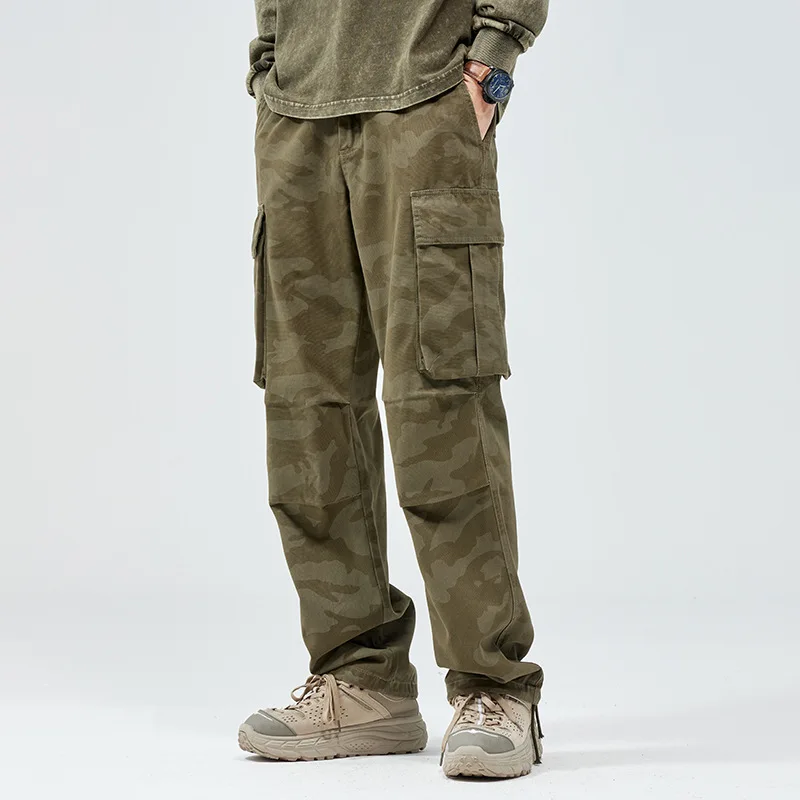 Macacão masculino camuflado, calça casual retrô solta, na moda reta, rua alta, estilo coreano, entrada multi-bolso, nova, 2022