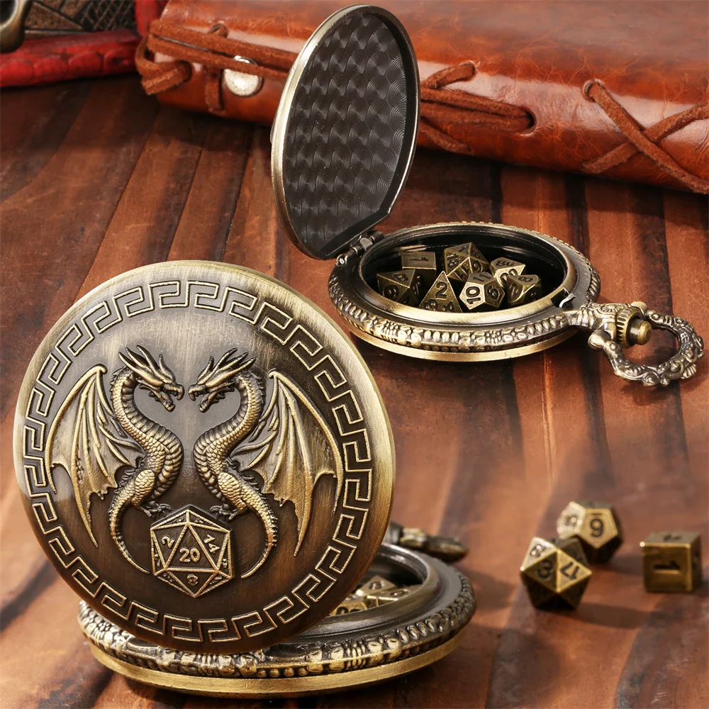 Punk Vintage Double Dragons Alloy Metal Pocket Watch Case Fob Chain Pendant with 7pcs/Set Mini Dices Gift for Dice Games Lovers