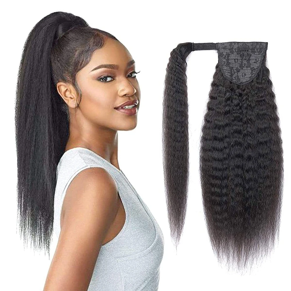 Kinky Straight Ponytail Human Hair Extension Wrap Around Clip In Ponytail Natural Black human hair ponytails