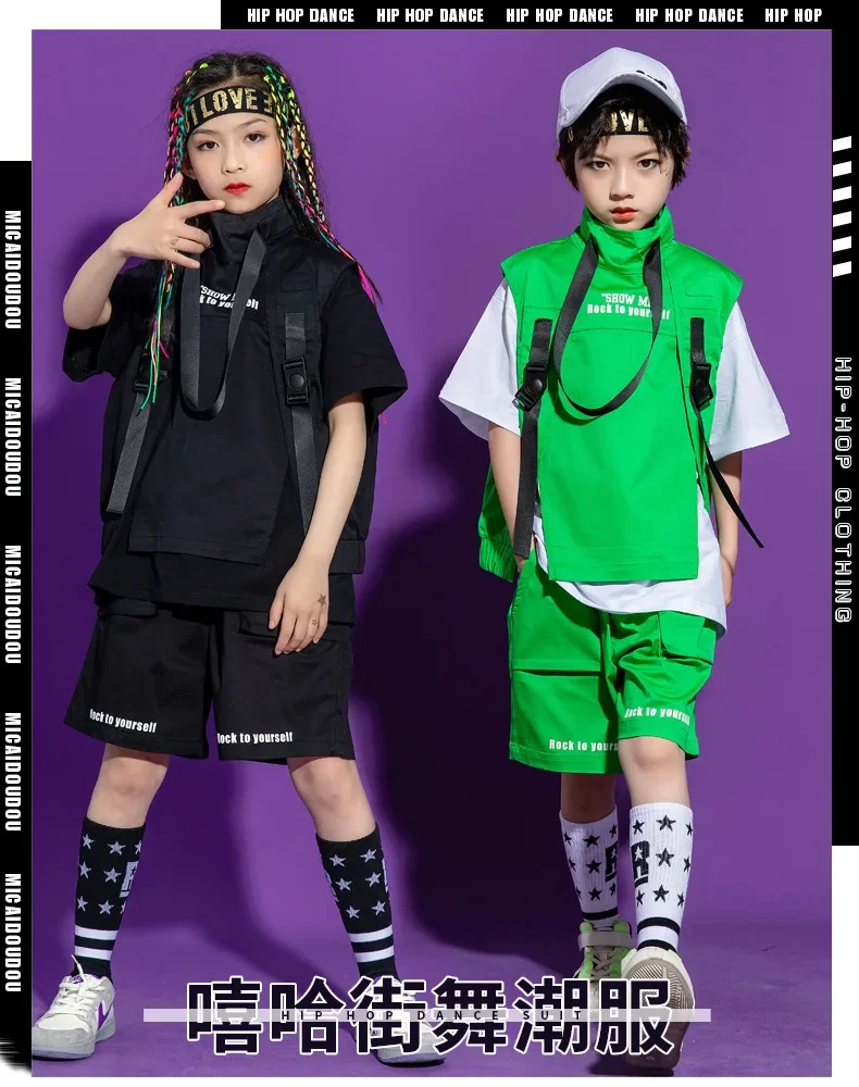 Kinder Hip-Hop-Kleidung, ärmelloses Jackenoberteil, T-Shirt, Streetwear, taktische Cargo-Jogginghose für Mädchen und Jungen, Tanzkostüm, Kleidung. – Detail 1