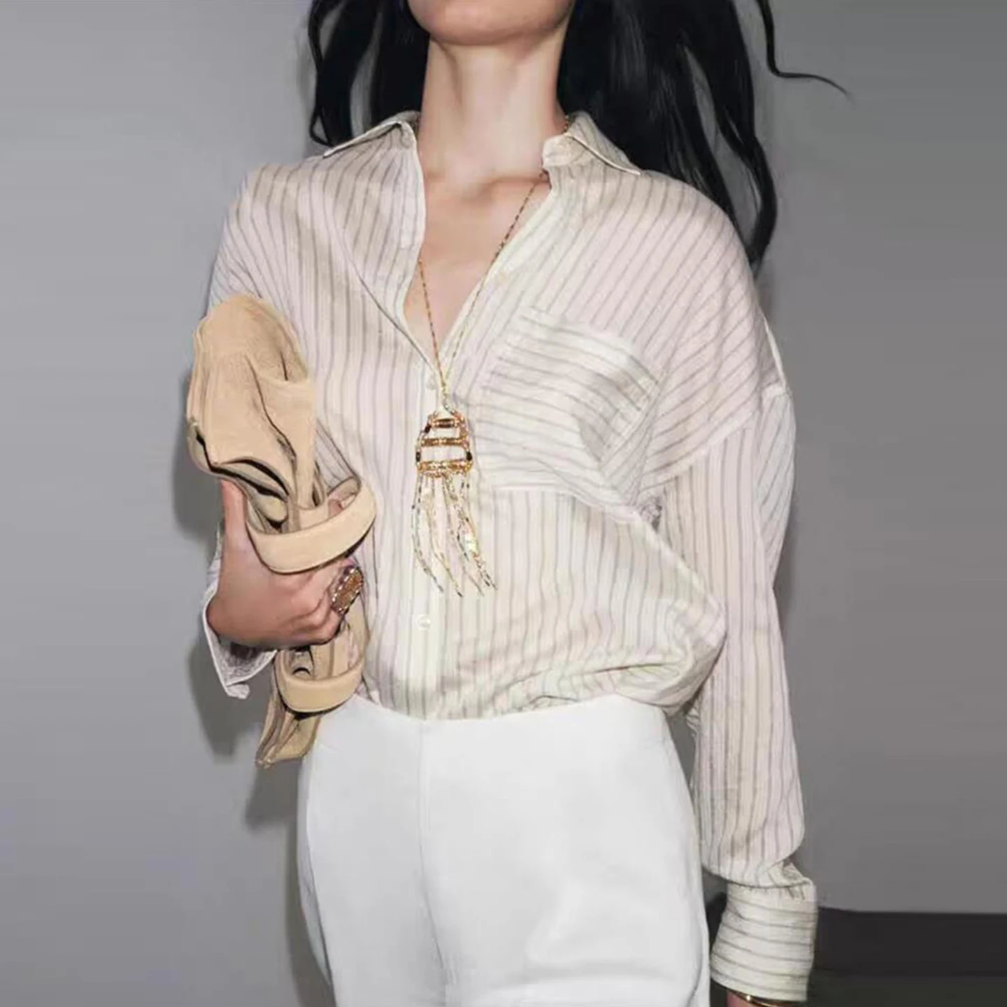 Ele rayé Long Sve irt col montant femme Faion automne 2025 Z tenue décontracté coupe confortable européenne Sle