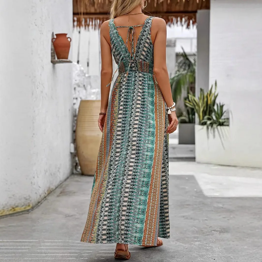 Afbeelding 3: Boheemse stijl print mouwloze lange jurken dames zomer v-hals backless leace-up splitjurk casual dame vakantie vestidos